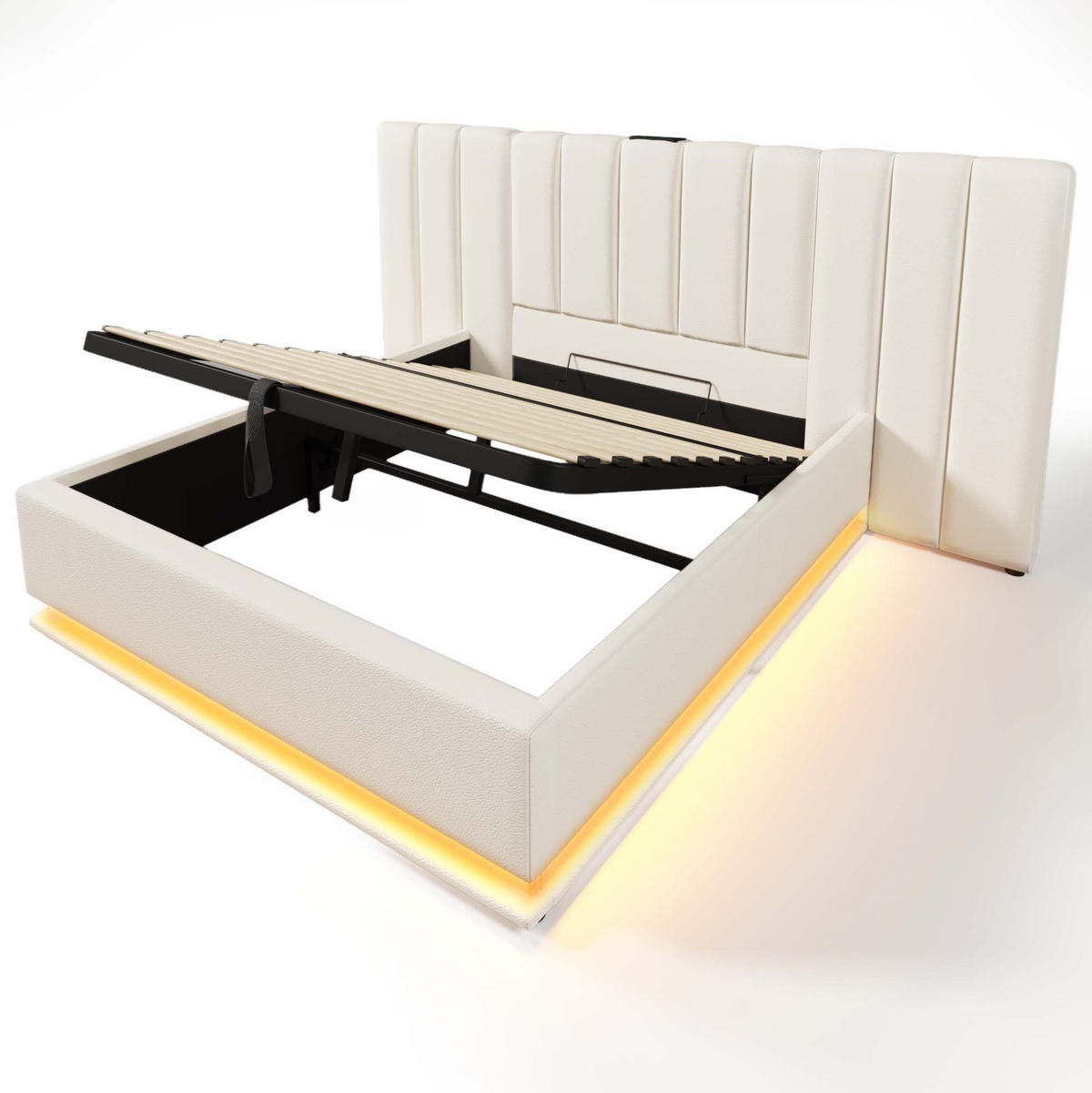 BETT mit Stauraum 160x200 cm PU Weiß mit LED und USB-C - Weiß, Metall (160/200cm) - Meubliv