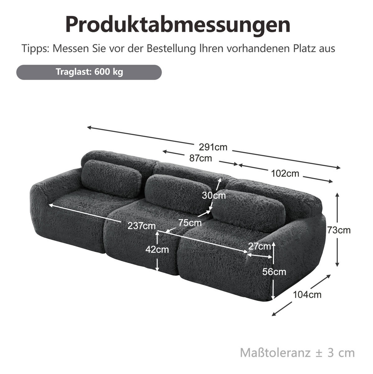 SOFA 291/104/73 cm in Grau aus Plüsch, modular und ohne Montage - Grau, Textil (104/73/291cm) - Flora Grace