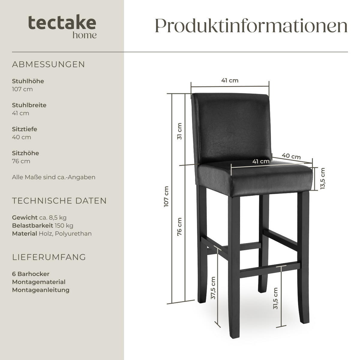 BARHOCKER 6er Set Kunstleder, Sitzhöhe 76 cm,antikbraun - Schwarz, Holz (40/107/41cm) - tectake