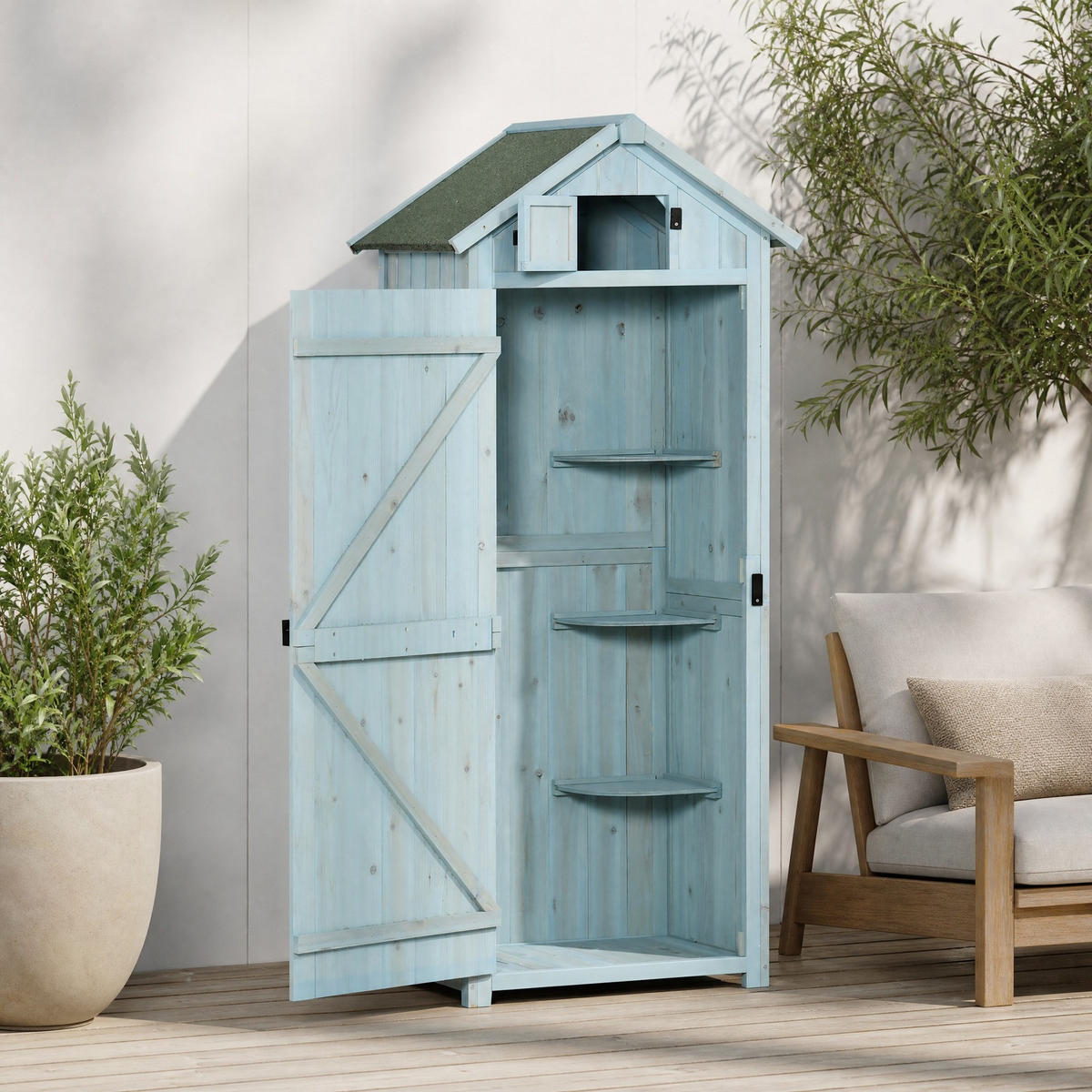 GARTENKOMMODE 77/179/54,2 cm Hellblau aus Holz mit abnehmbaren Regalen - Hellblau, Holz (54.2/179/77cm) - OKMYHOME