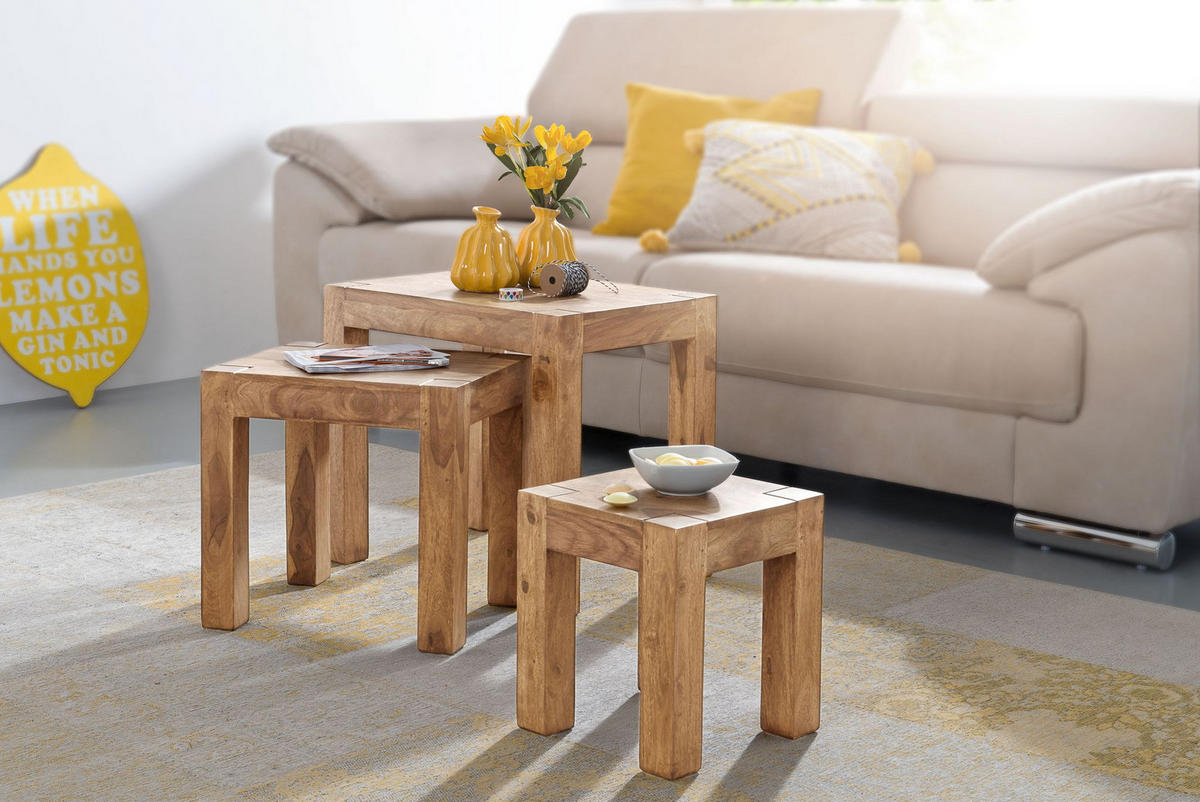 BEISTELLTISCH 3er Set Massivholz Platzsparend Landhausstil NAKO, Beige 50x36x45 cm - Beige, Holz (36/50/45cm) - KADIMA DESIGN