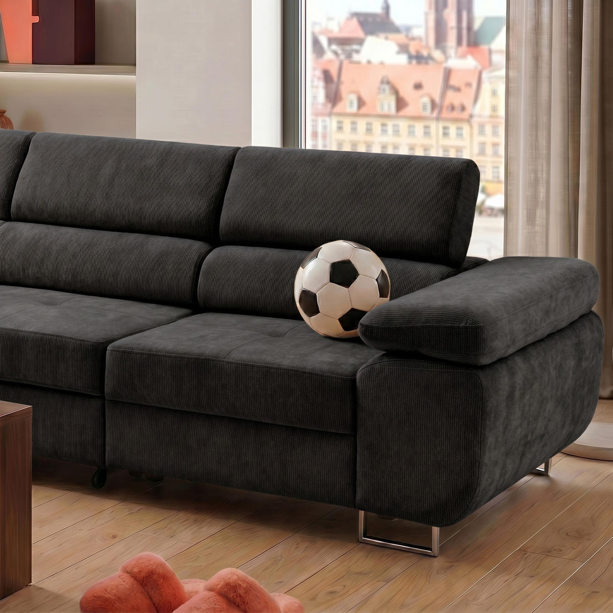 ECKSOFA WILD MAXI L Links mit Schlaffunktion 125x195 Chenille Schwarz - Chromfarben/Schwarz, Holz/Textil (350/203cm) - Muffo