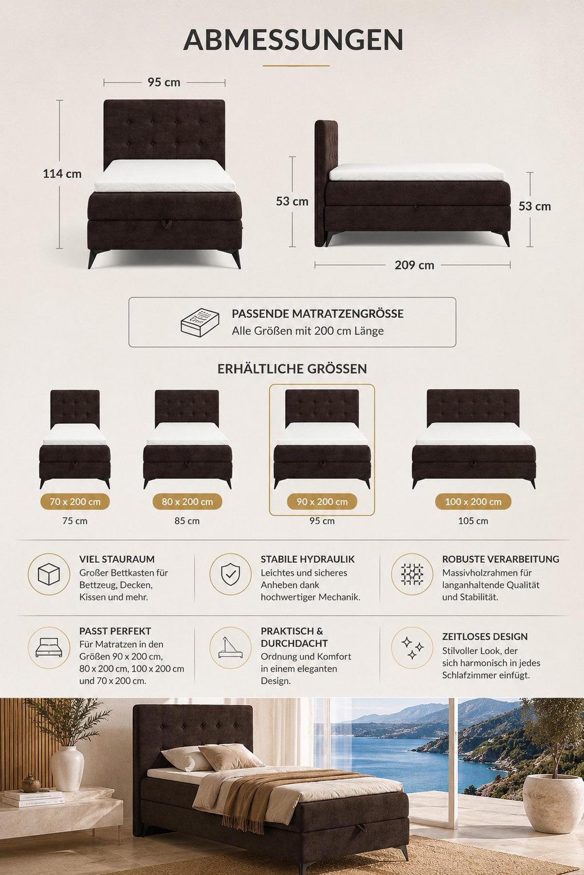 BOXBETT K15 Single SLIM mit Bettkasten & Bonell-Federkern ohne Topper - Dunkelbraun, Holz/Textil (200/90cm) - Best For Home