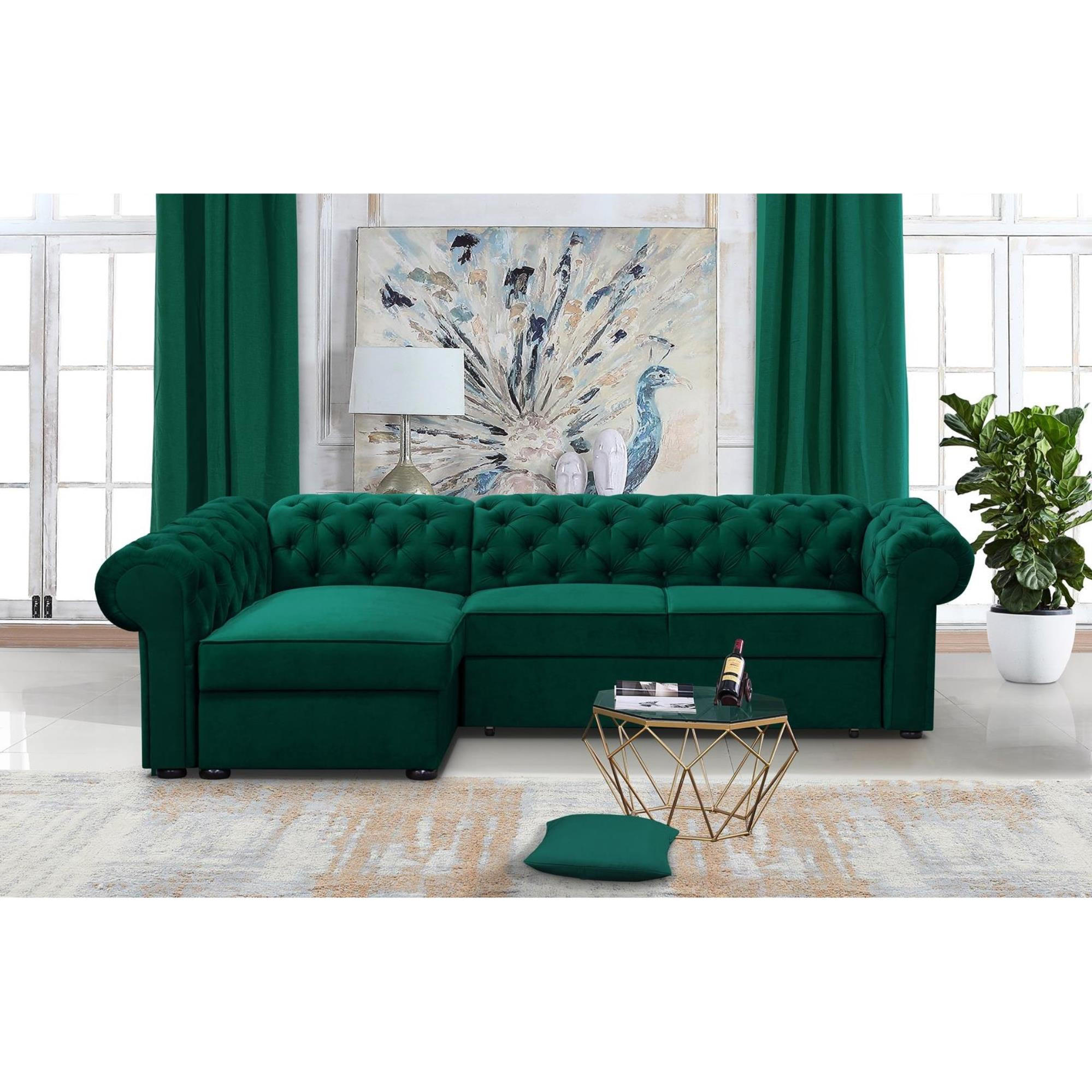 ECKSCHLAFSOFA Chester im Chesterfield-Stil, Dunkelgrün, links - Dunkelgrün/Schwarz, Textil (278/173cm) - Beautysofa