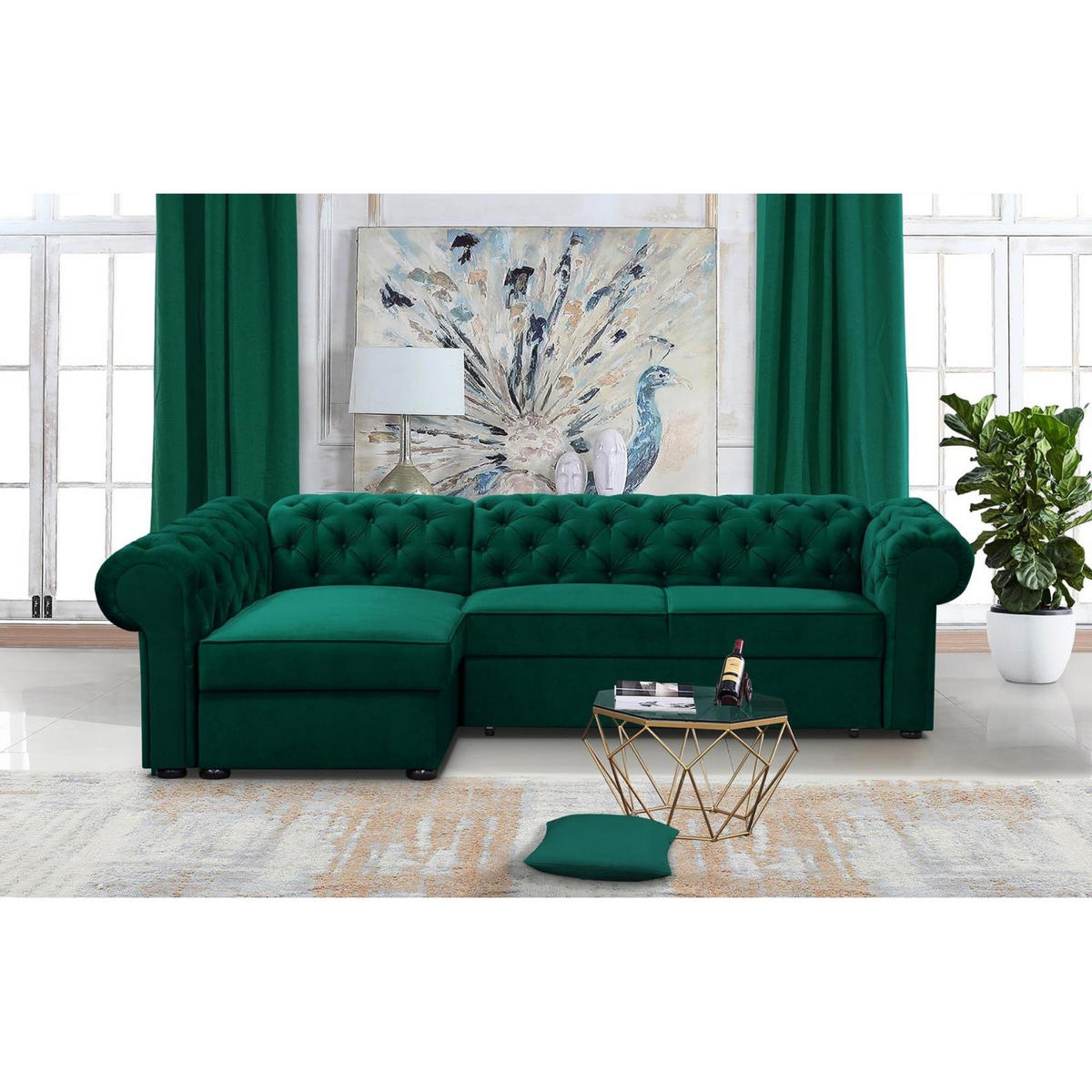 ECKSCHLAFSOFA Chester im Chesterfield-Stil, Dunkelgrün, links - Dunkelgrün/Schwarz, Textil (278/173cm) - Beautysofa