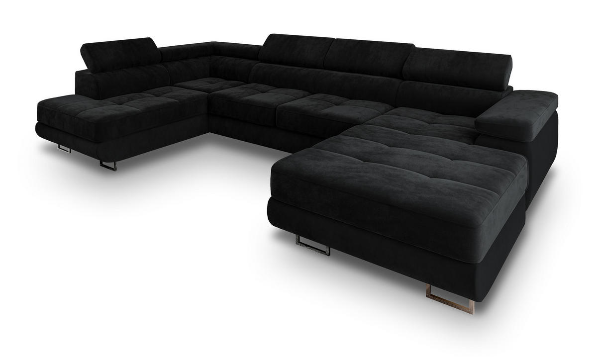 WOHNLANDSCHAFT CASONE L-S Schwarz Velours-Stoff mit Schlaffunktion - Schwarz, Holz (345/90/202cm) - MASSENO
