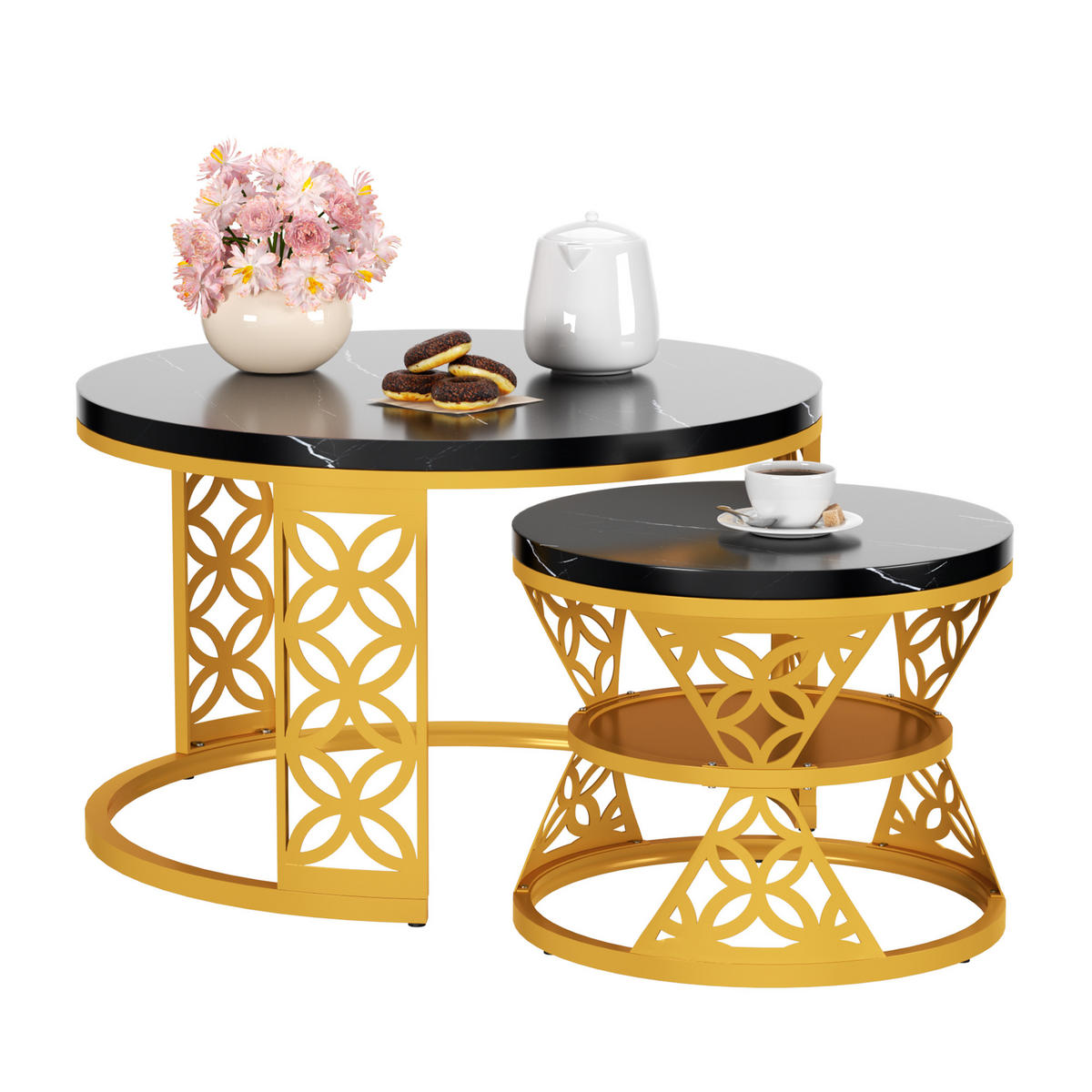 COUCHTISCH-SET mit Marmoreffekt und Metallrahmen Basis, Stapelbarer Beistelltisch Set 70/70/45 cm + 45/45/37 cm, Schwarz und Gold - Schwarz, Holzwerkstoff (70/70/45cm) - Redom