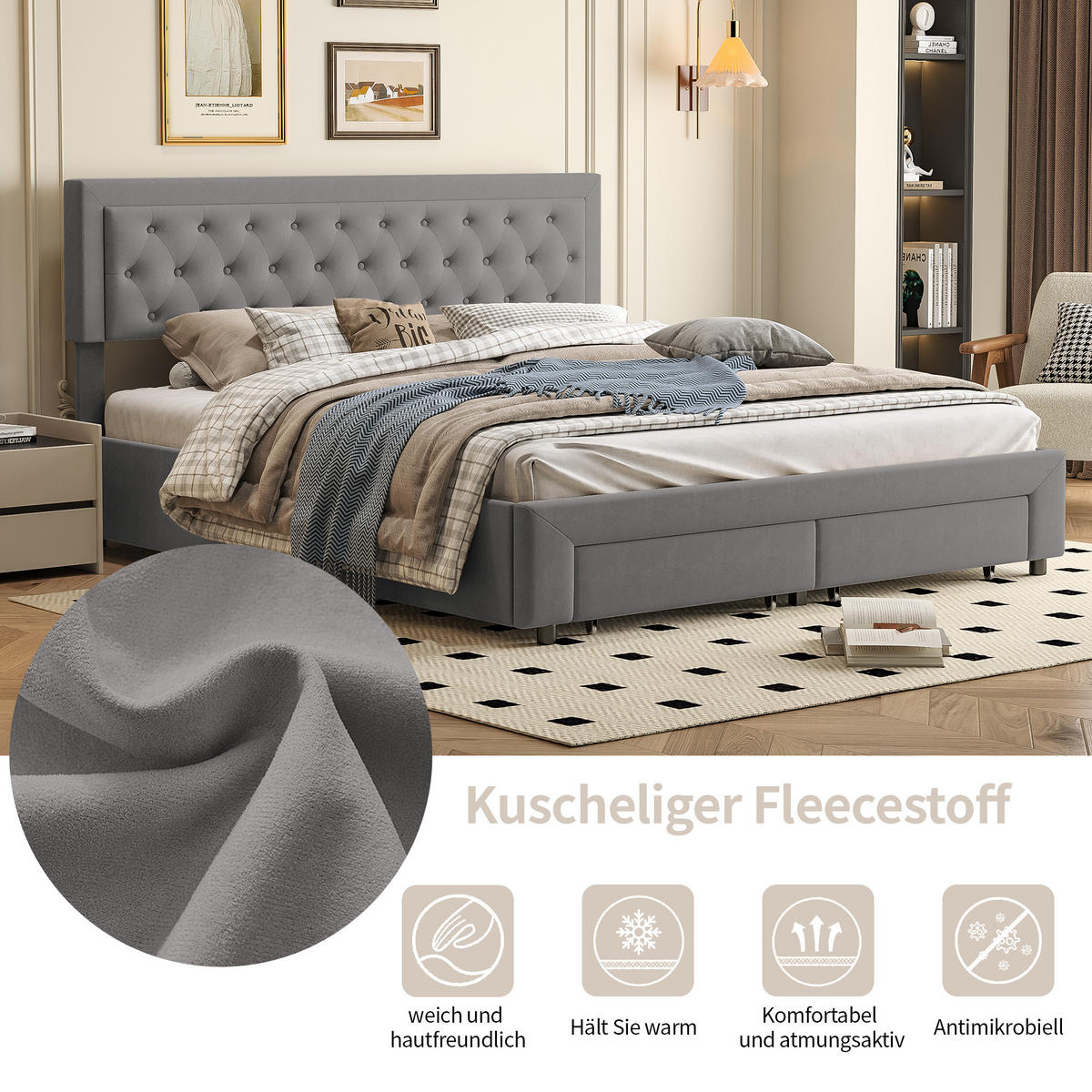 POLSTERBETT 160x200 cm, Grau, Lattenrost und Schubladen - Grau, Textil/Metall (160/200cm)