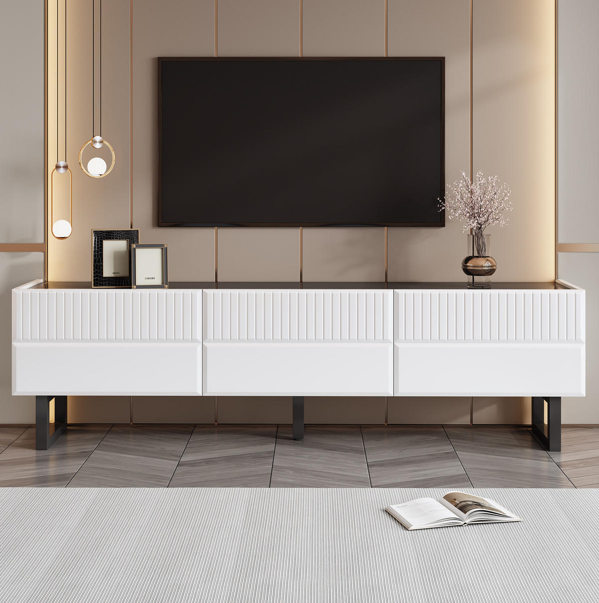 TV stolek 170/35/47 cm černobílý z MDF a dřevotřísky s úložnými zásuvkami - černá, kompozitní dřevo (170/47/35cm) - OKWISH