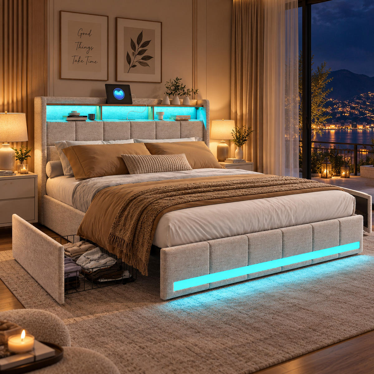 DOPPELBETT,POLSTERBETT 160/200 cm mit Schubladen und LED&Ladefunktion,Beige - Beige, Holz/Textil (160/200cm) - PARAFTA HOME