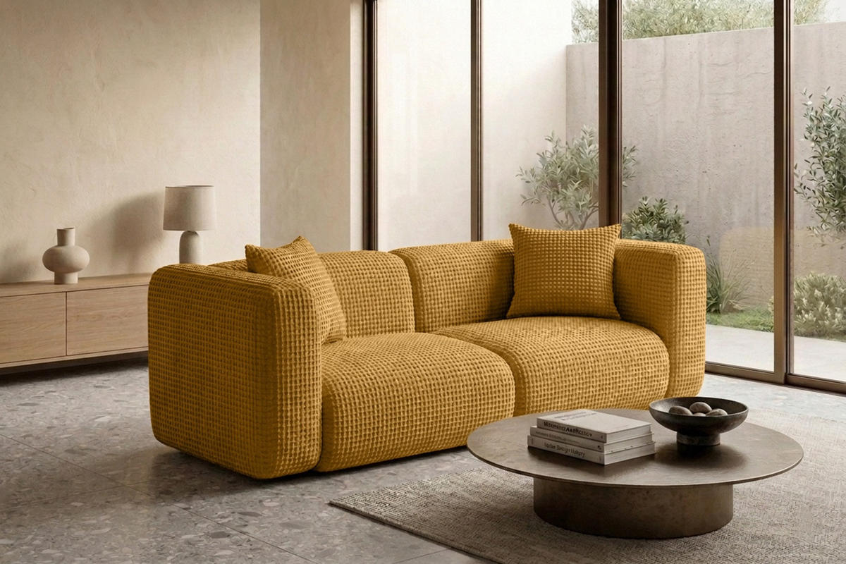 SOFA 2-Sitzer, Chenille-Stoff Cremona, Golden, GRETA - Goldfarben, Holz (228/70/89cm) - Kaiser Möbel