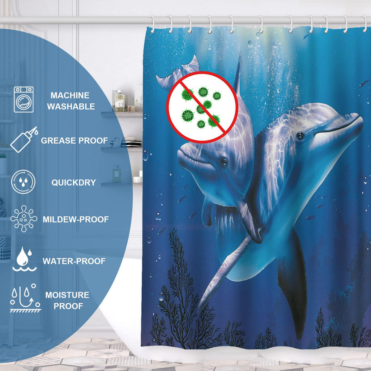 DUSCHVORHANG Polyester 180 x 180 cm wasserdicht schimmelresistent mit Haken fürs Badezimmer Schlafzimmer - Blau, Kunststoff (180/180cm) - MCBOSON