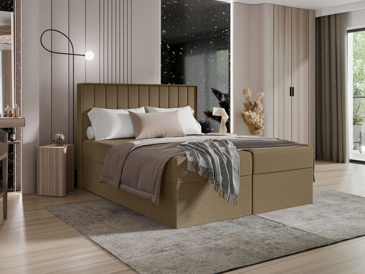 BOXSPRINGBETT - Taschenmatratze + Topper 140x200 braun Bouclé - Braun, Holz/Holzwerkstoff (140/200cm) - SIMKAM Furniture