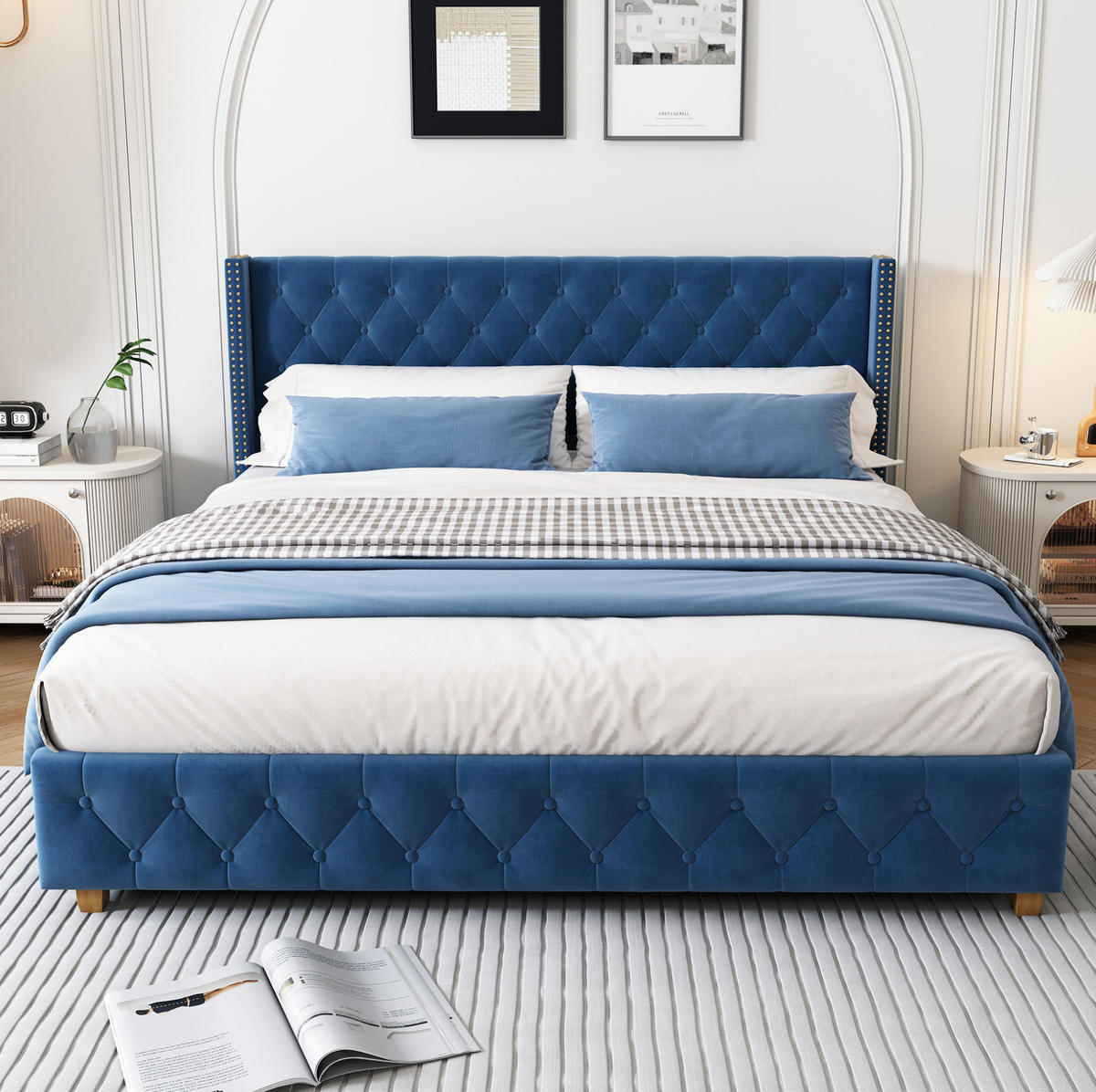 SAMT-POLSTERBETT 160/200 cm mit Lattenrost, gepolstertem Kopfteil in Blau - Blau, Textil (160/200cm) - BEAOK