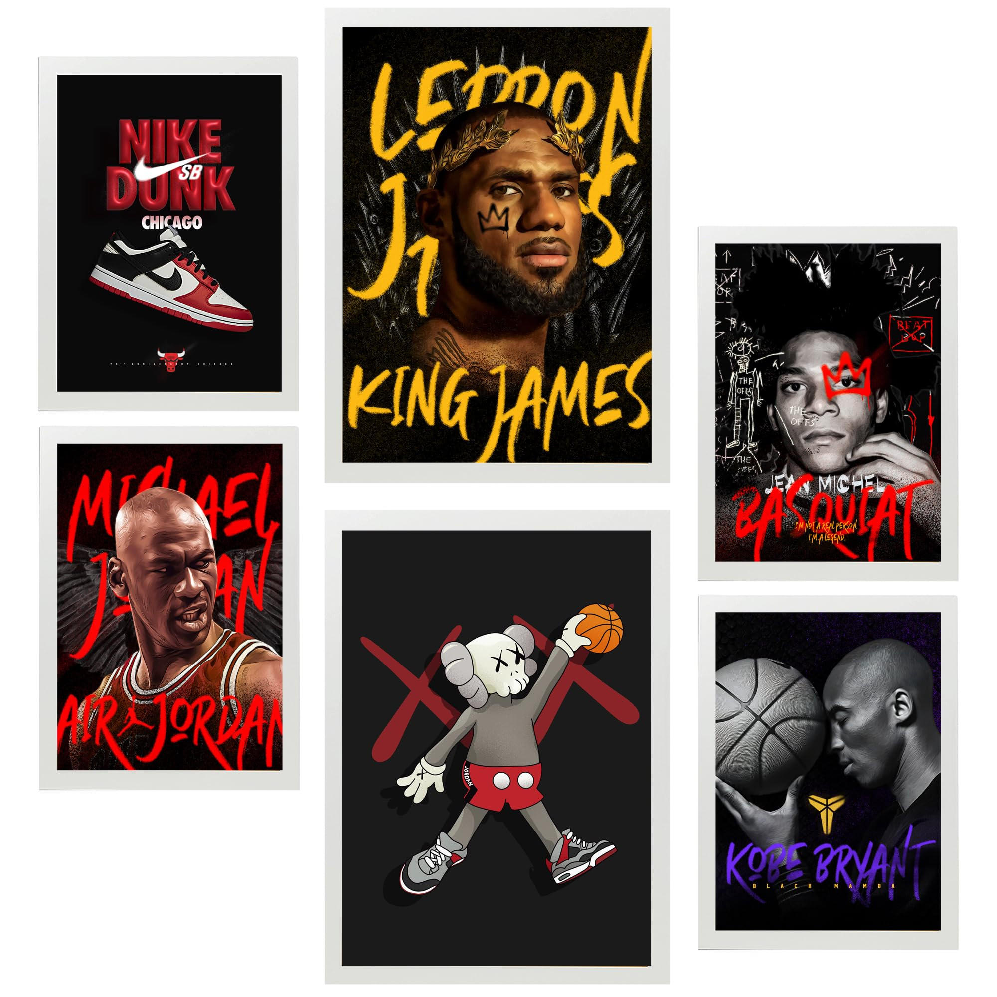 POSTER Set Mit 6 Grafiti Pop King James Jordan Nike Basquiat Kobie A3 & A4 Weißer Rahmen - Weiß, Papier (29/3cm) - Nacnic