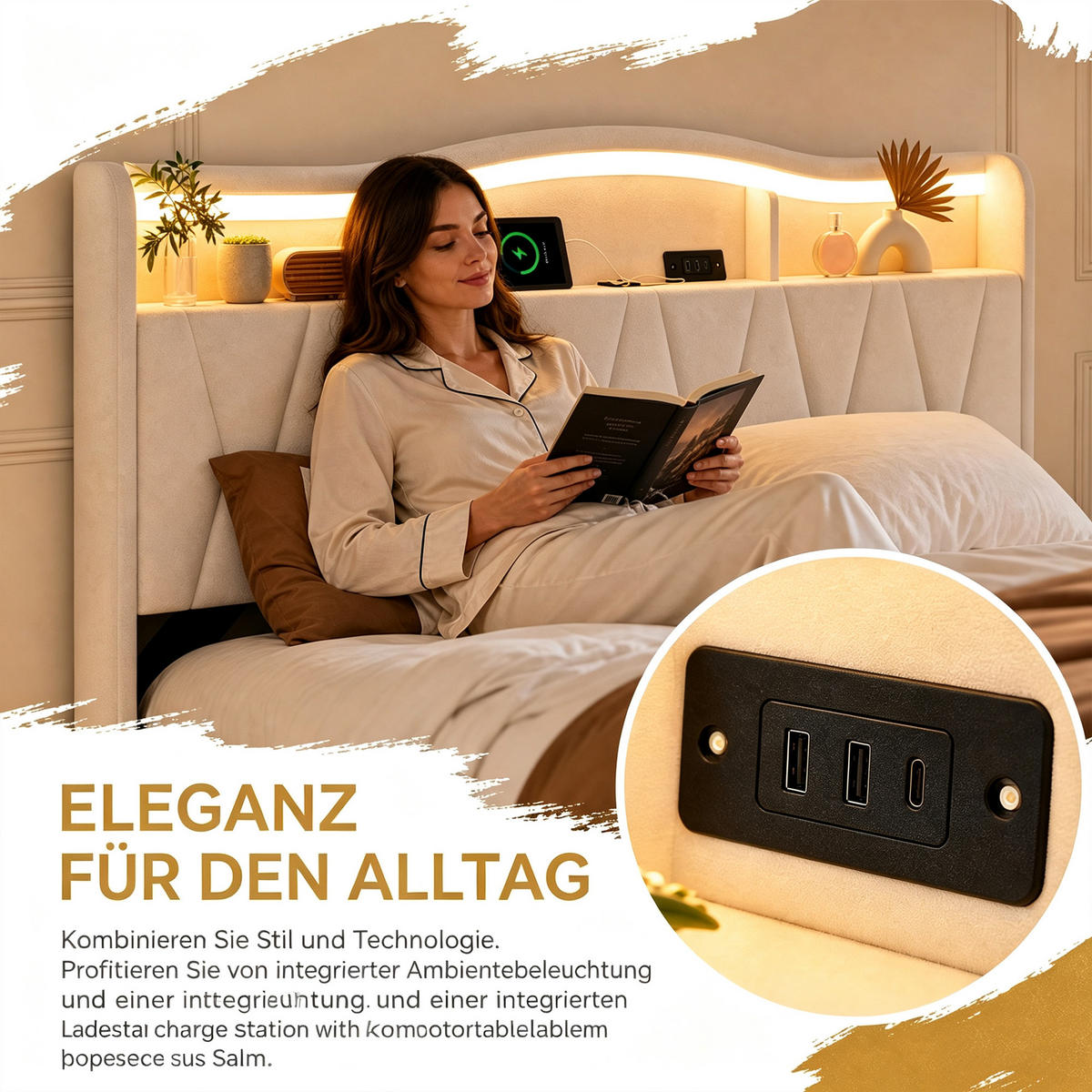 POLSTERBETT 140x200 mit stauraum, doppelbett mit LED, Bettkasten, Lattenrost, USB, Kopfteil, Samtstoff, Beige - Beige, Holz/Textil (140/200cm) - GENKI LIVING