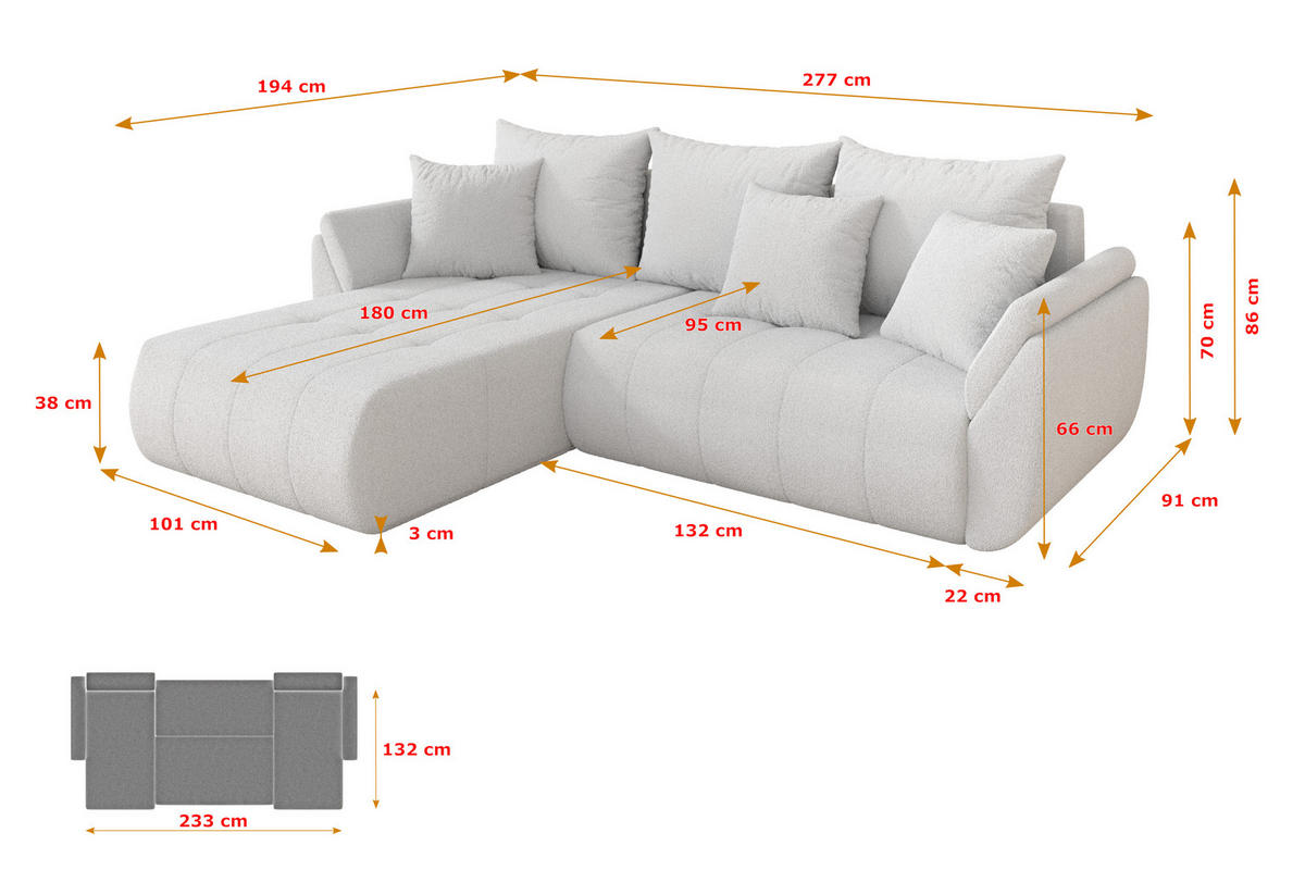 ROHOVÁ SEDAČKA s funkcí spaní, otoman vlevo TOKO-L 277x194x86 bílá bouclé - bílá/černá, kompozitní dřevo/textil (277/194cm) - ALTDECOR