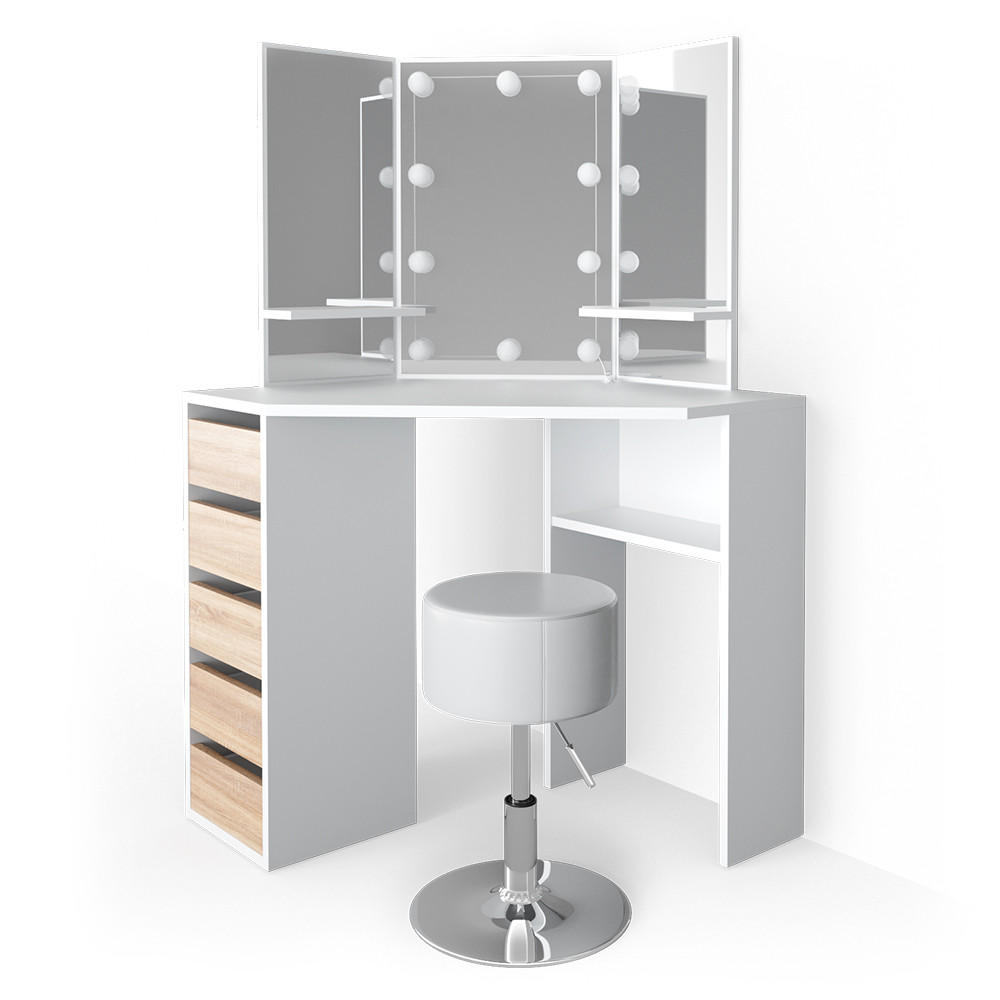 ECKSCHMINKTISCH Arielle Weiß/Sonoma 110 cm mit LED Beleuchtung und Hocker - Weiß/Sonoma Eiche, Holzwerkstoff (110/141.5/54cm) - Vicco