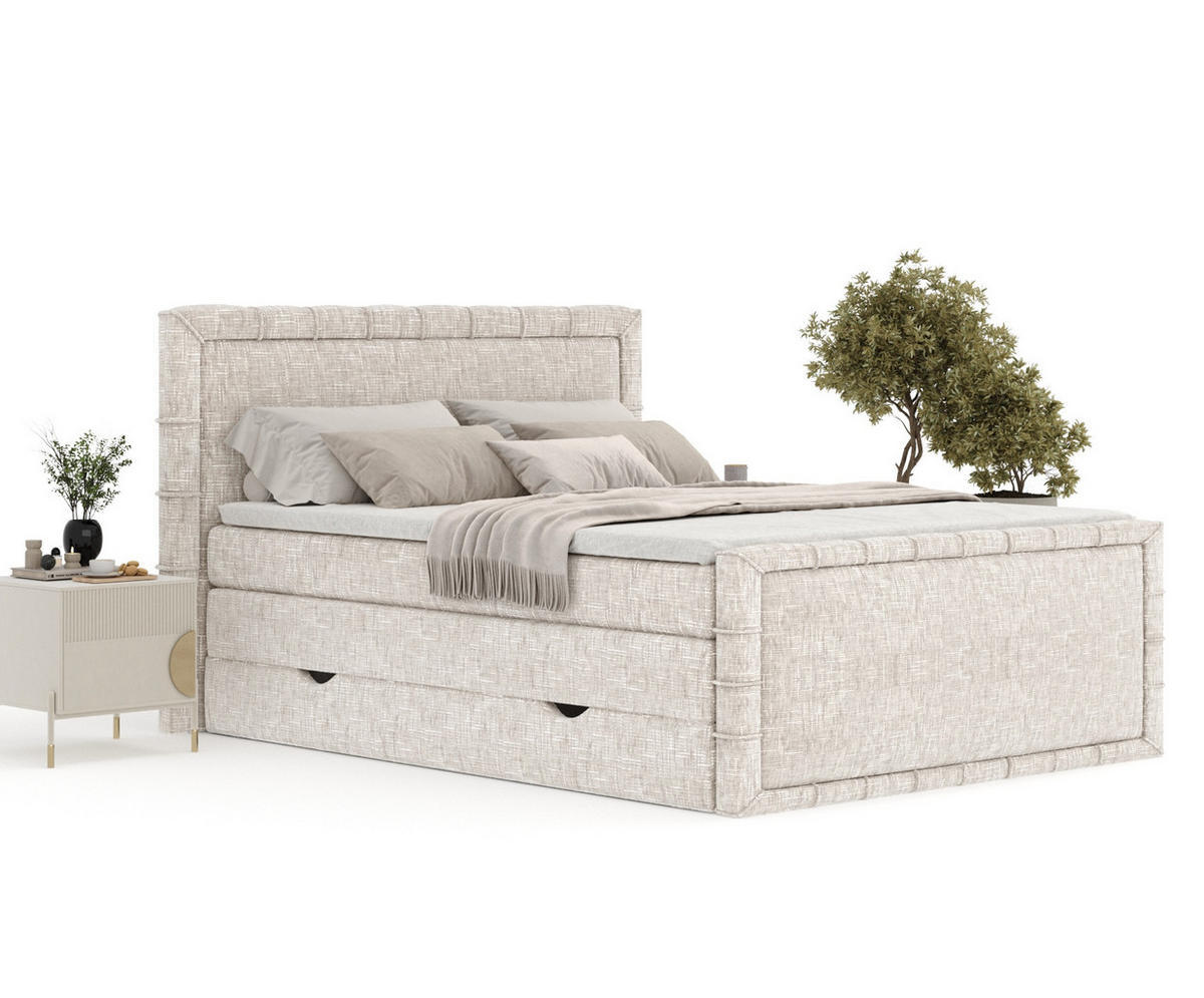 BOXBETT Estelle Creme 180/200 cm im Webstoff - Creme/Schwarz, Holz/Holzwerkstoff (180/200cm) - Maison de Reve