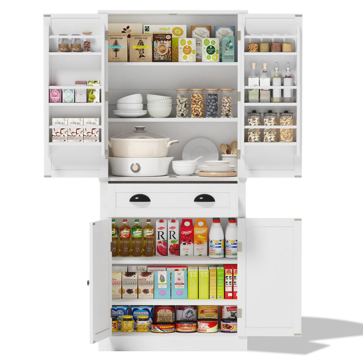 BUFFETSCHRANK, Vorratsschrank mit 4 Türen & 1 Schublade, 4 verstellbare Einlegeböden, Holzwerkstoff, 80/40/182 cm, Weiß - Weiß, Holzwerkstoff (80/182/40cm) - Modfu