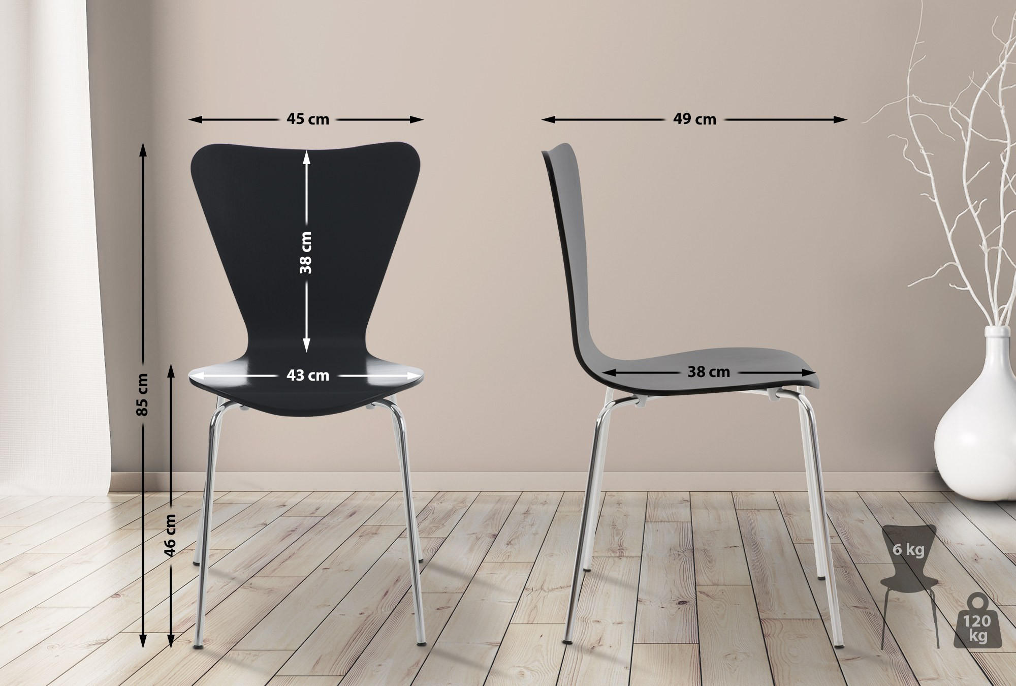 BESUCHERSTUHL Holz schwarz - Schwarz, Holz/Metall (45/85/49cm) - CLP