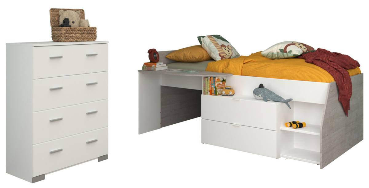 KINDERZIMMER weiß, grau, Set 2-teilig mit Stauraumbett, Kommode - Silberfarben/Weiß, Holzwerkstoff/Kunststoff (135/106/203cm) - Parisot Meuble