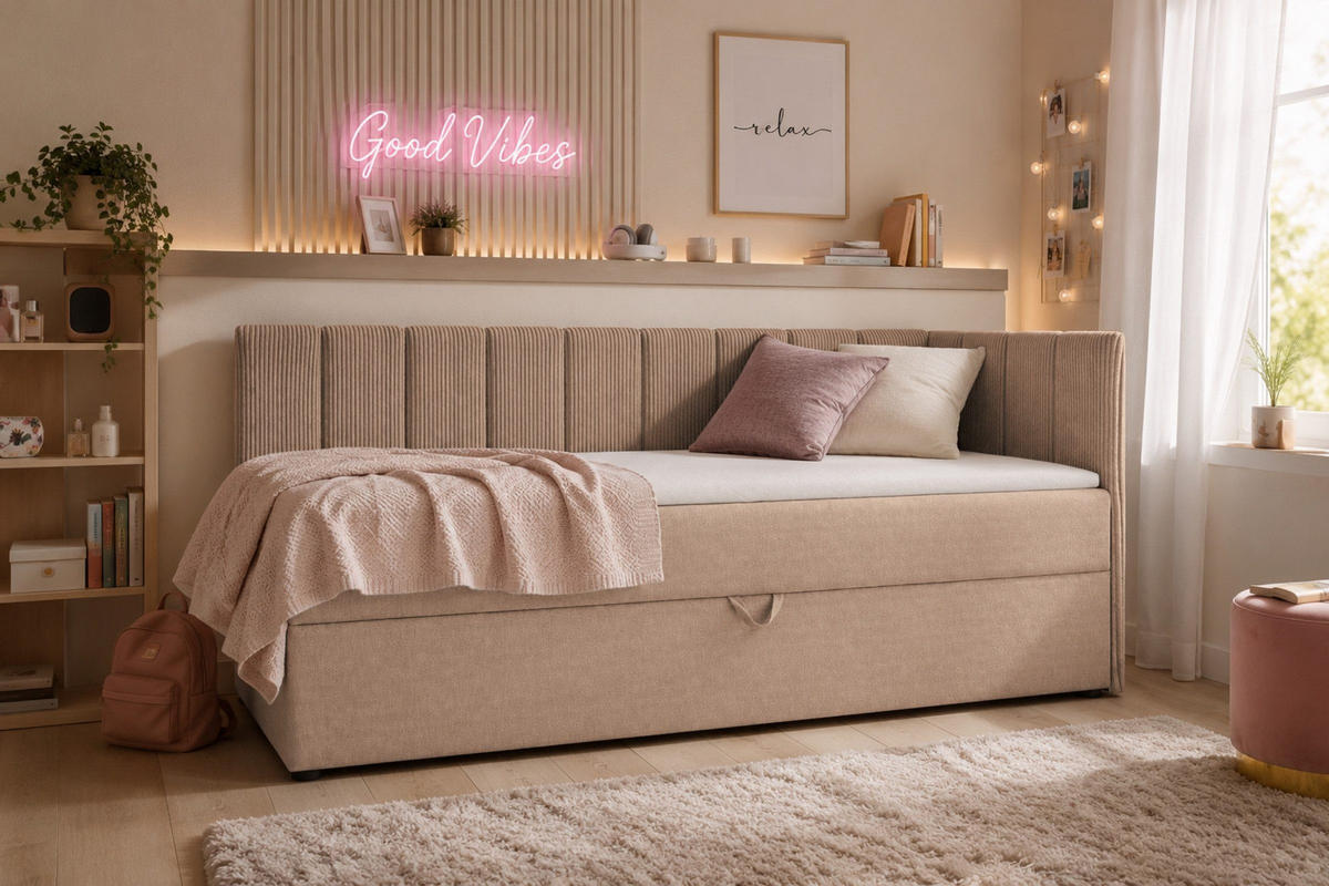 BOXBETT VIGO 90/200 cm in Cord/Velours Beige H4 rechts - Beige, Holz/Holzwerkstoff (90/200cm) - Deine Möbel 24
