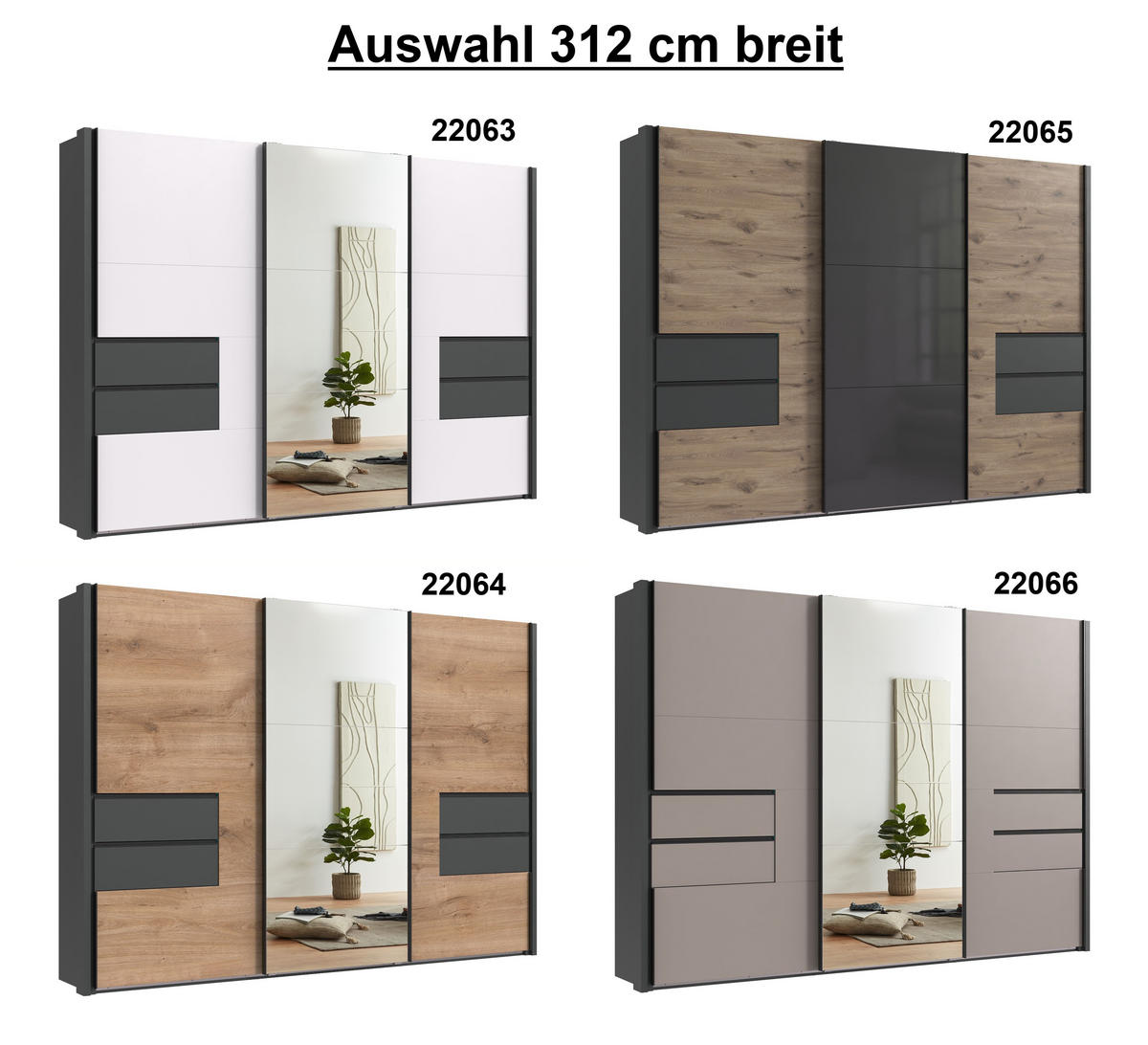 SCHWEBETÜRENSCHRANK B312/H216/T65 cm, Korpus+Passepartout+Schubladen Grafit, Türen Weiß / Spiegel, inkl. Vollausstattung / 22063 - Schwarz/Graphitfarben, Holzwerkstoff/Metall (312/216/65cm) - luma-home
