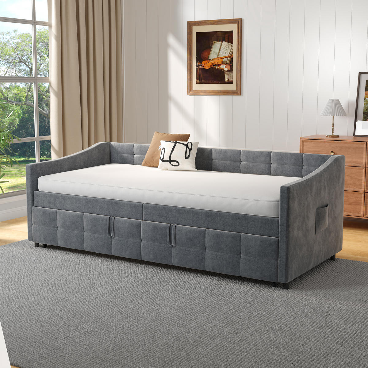 SCHLAFSOFA 90x200cm grau samt hydraulik seittaschen - Grau, Holzwerkstoff (90/200cm) - SHOPENTRA