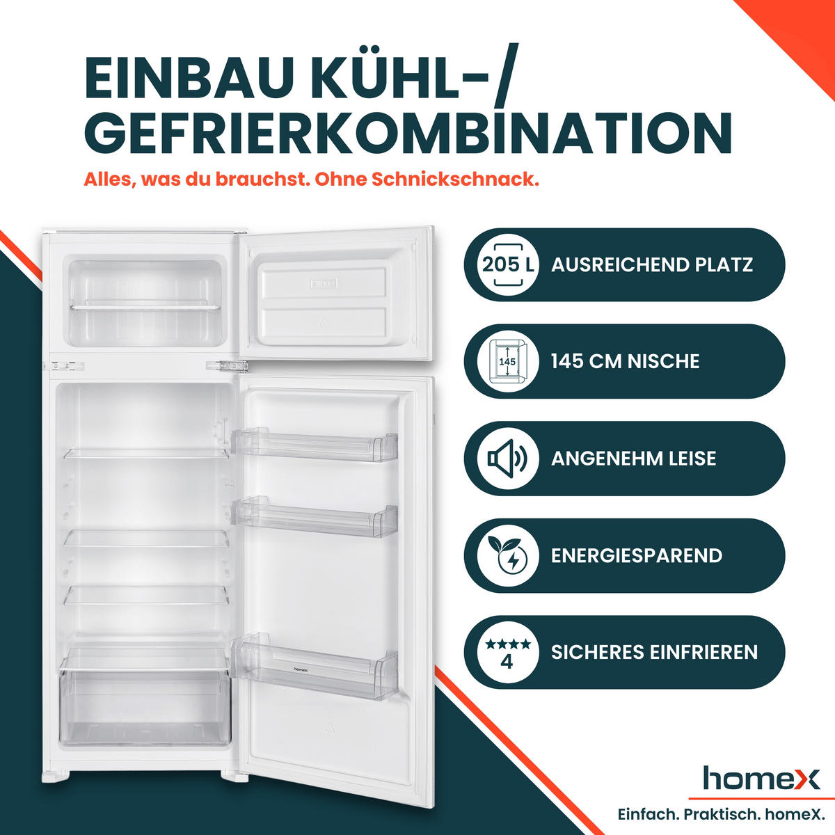 KÜHL-GEFRIER-KOMBINATION Einbau, 145cm Nische, 205 Liter, Schlepptürtechnik, Einbaukühlschrank mit Gefrierfach, CFB2051E - Weiß, Glas/Kunststoff (54/145/54cm) - homeX