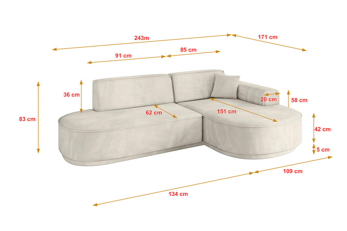 ECKSOFA Ottomane Rechts MARI-L1-v3 - 243x171x83 cm Ecru Velours - Ecru/Schwarz, Holzwerkstoff/Kunststoff (171/243cm) - ALTDECOR