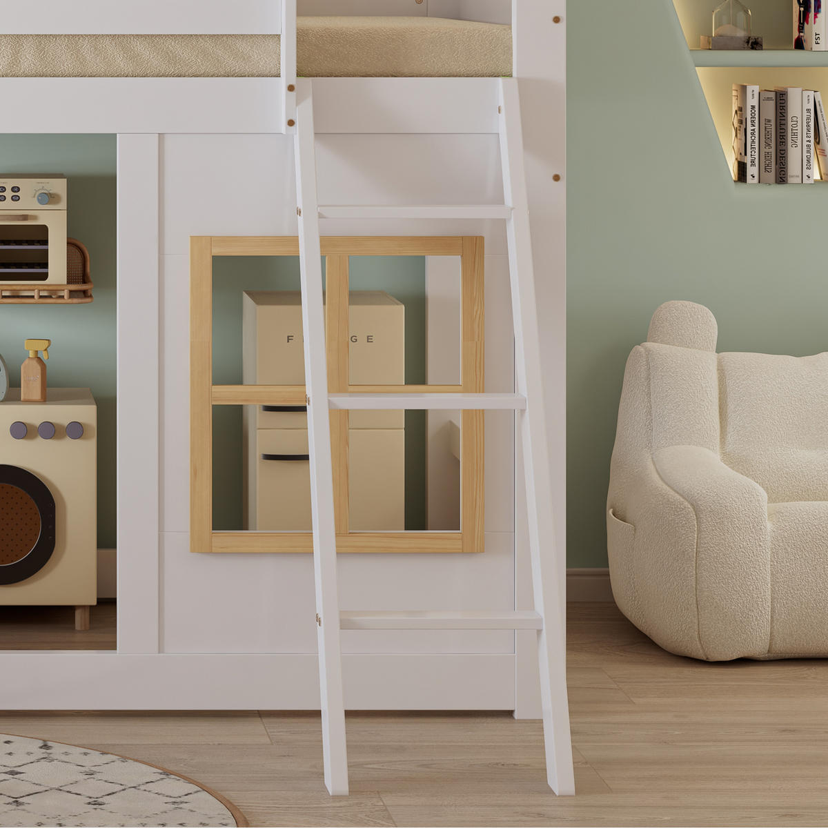 ETAGENBETT Kinder 90x200 Weiß+Natur mit Fenster und Trittleiter - Naturfarben, Holz (90/200cm) - ComfortXL