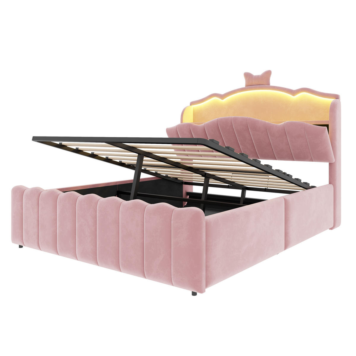 KINDERBETT 140x200cm Samt LED Kopfteil Stauraum USB Rosa - Pink, Metall (140/200cm) - FLIEKS