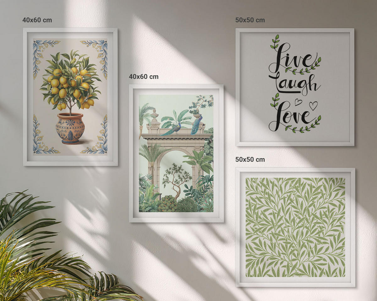 WANDBILDER 4er-Set - 50x50 cm & 40x60 cm Weißer Rahmen - Grüne Blätter exotischer Pflanzen - Weiß, Kunststoff (50/50cm) - ArtPrintCave