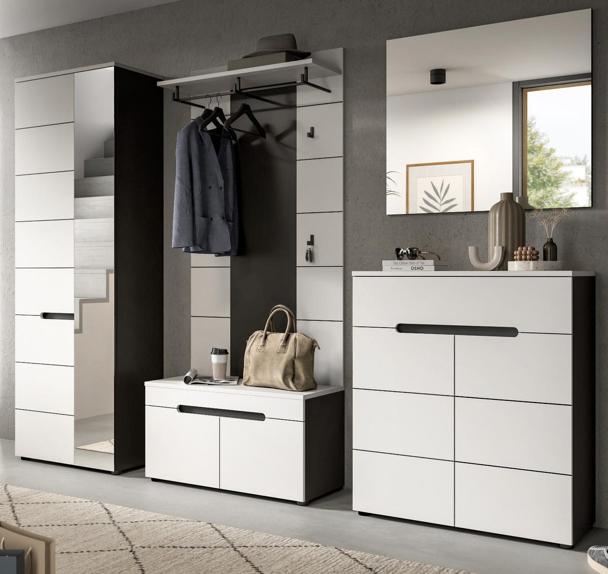 GARDEROBEN-SET 5-teilig in weiß, grau 255 cm, Komplettset mit Soft-Close, Cooper - Schwarz/Weiß, Glas/Holzwerkstoff (255/190/37cm) - Inn.Furn