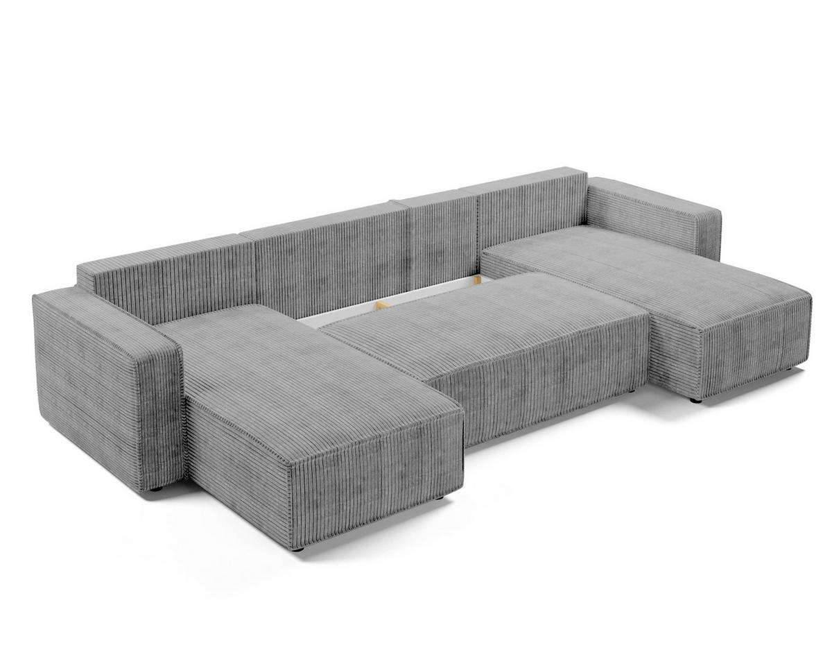 WOHNLANDSCHAFT Aydin U Form Hellgrau 338/169/85 cm Cord mit Schlaffunktion - Hellgrau/Schwarz, Kunststoff/Textil (338/85/169cm) - AX Living