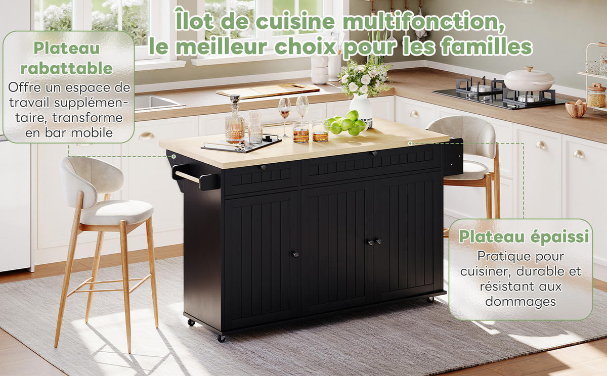 KÜCHENINSEL 137/89,5/45 cm Natur/Schwarz aus MDF mit klappbarer Arbeitsplatte - Naturfarben, Holzwerkstoff (70/89.5/137cm) - OKMYHOME