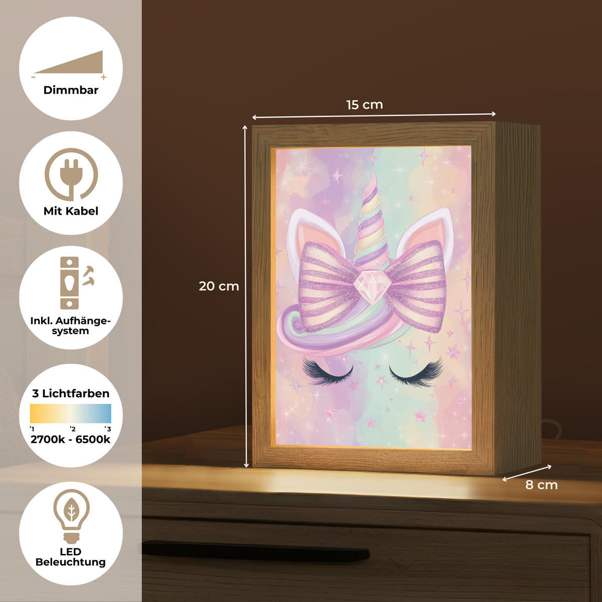 NÁSTĚNNÁ LAMPA Jednorožec - Třpytky - Duha - Pastelové barvy 15x20 cm - světle růžová, kompozitní dřevo (15/20/8cm) - OnlyWow