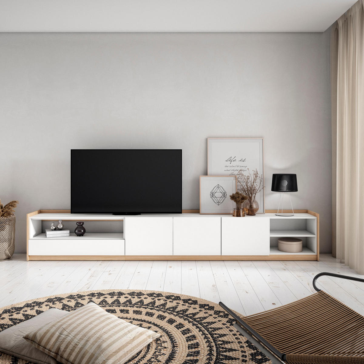 TV-SCHRANK, Lowboard, Weiß und Eiche Soft, 310/37/50cm - Weiß, Holzwerkstoff (310/50/37cm) - Skraut Home