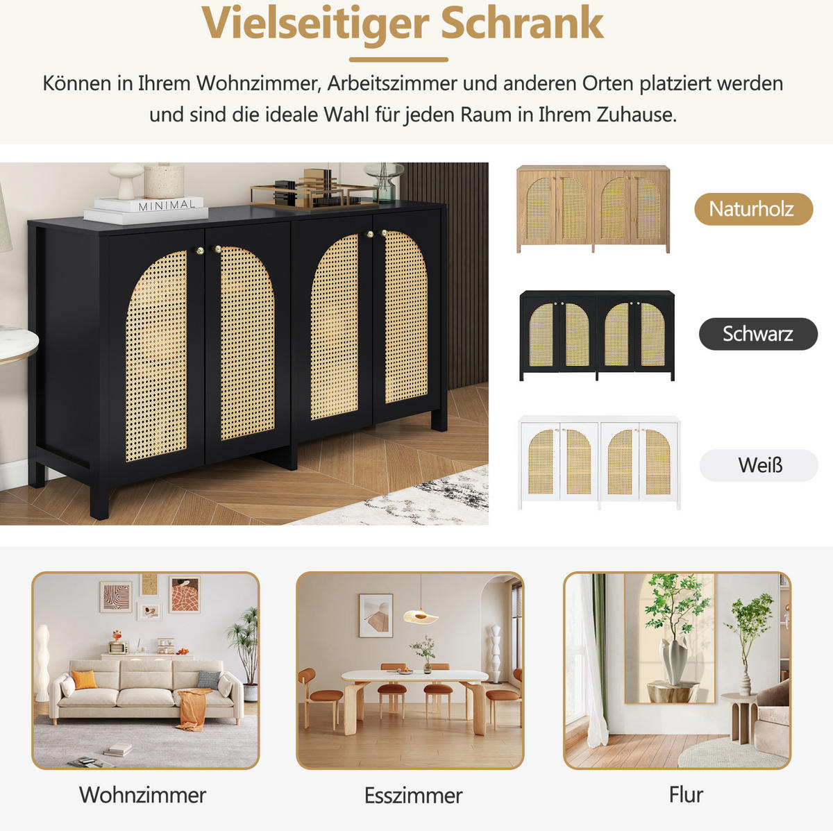 SIDEBOARD in Schwarz mit 4 Rattantüren und verstellbarem Regal,145/40/80 cm - Schwarz, Holzwerkstoff (145/40/80cm) - Flora Grace