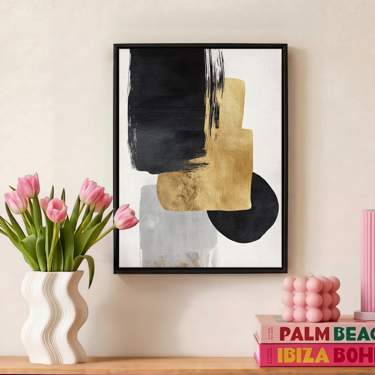 LEINWAND Bilder mit Rahmen - Gold - Rechtecke - Kreise - Abstrakt - 30x40 - Weiß, Textil (30/40cm) - MuchoWow