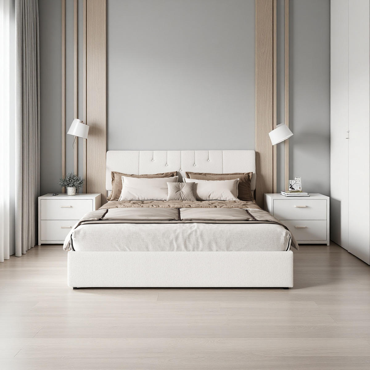 POLSTERBETT 140/200 cm creme Teddy mit Stauraum USB - Weiß, Holz