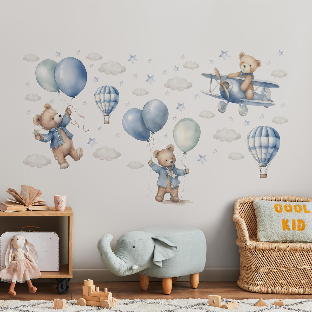 WANDSTICKER Bären Ballons 120x60 - Blau/Beige, Papier (120/60/60cm) - Muralo