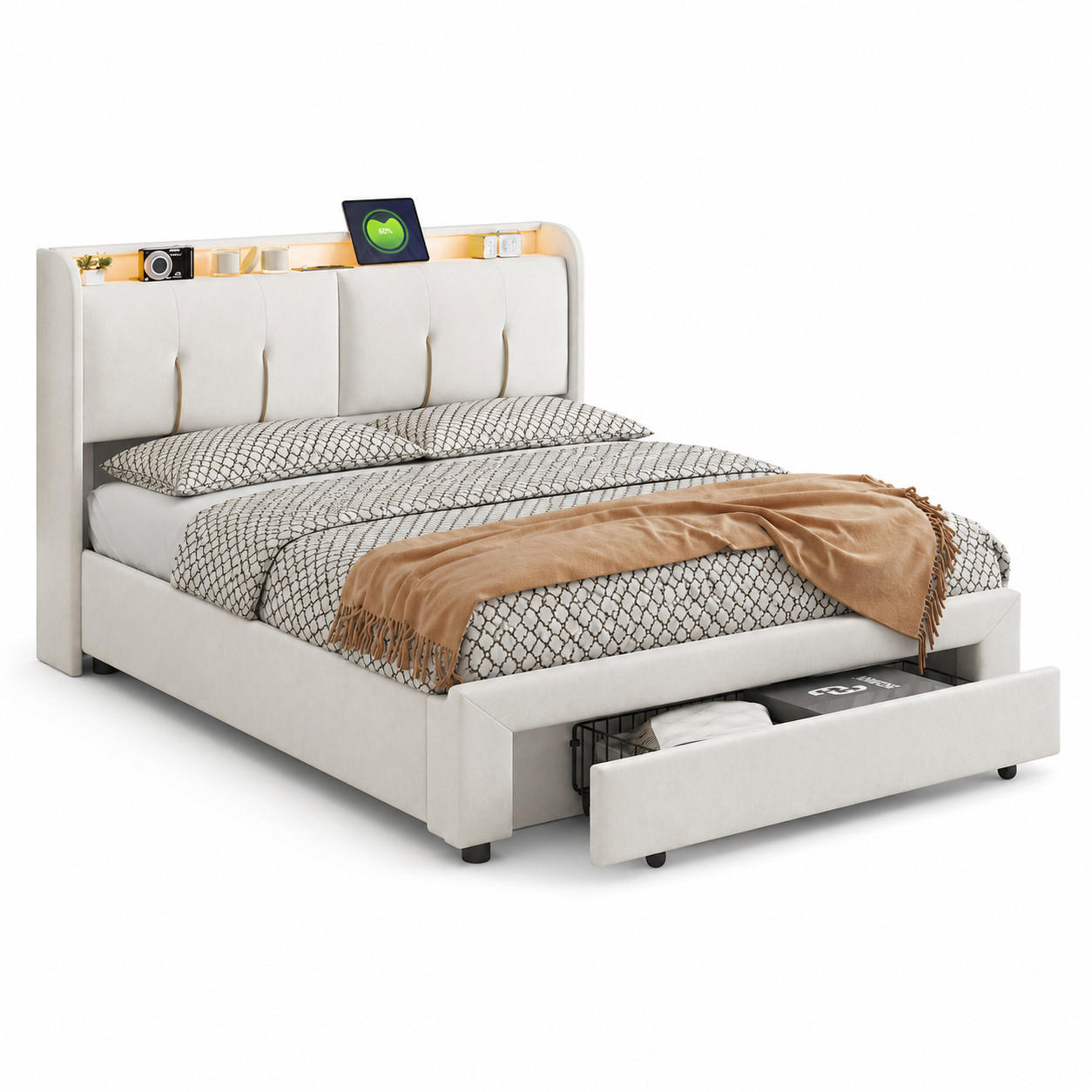 POLSTERBETT 140/200 cm mit USB & LED-Kopfteil und Stauraum - Beige, Holz/Metall (140/200cm) - Joyfair