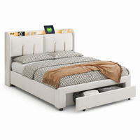 POLSTERBETT 140/200 cm mit USB & LED-Kopfteil und Stauraum - Beige, Holz/Metall (140/200cm) - Joyfair