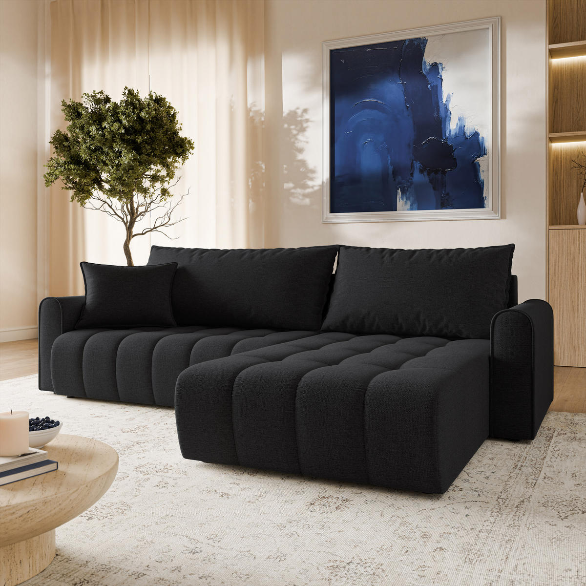 ECKSOFA FRIGA Schwarz Strukturstoff mit Schlaffunktion - Schwarz, Holz (283/185cm) - MASSENO
