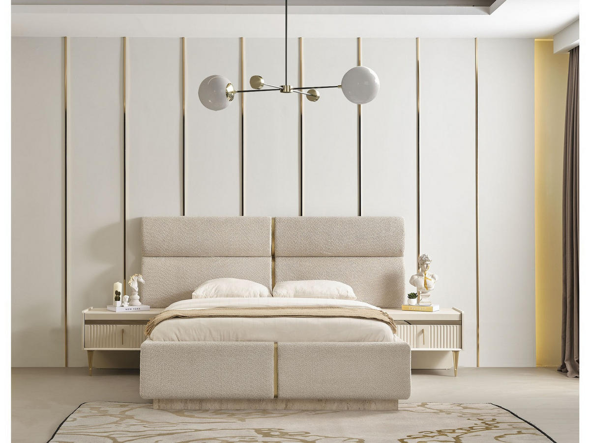 BETTANLAGE TESLA Schlafzimmer-Set, 5-teilig, Beige, Bett mit Kopfteil, 2 Nachttische, Kleiderschrank und Kommode - Beige, Holzwerkstoff (160/200cm)