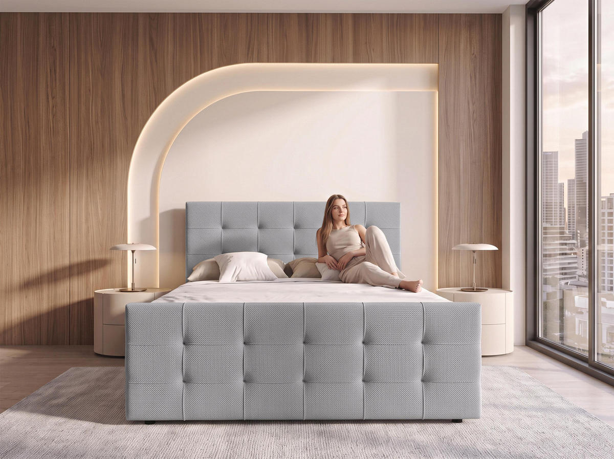 BOXBETT DEFNE 140x200 cm mit Fußteil und Matratze - Hellgrau + TOPPER - Hellgrau/Schwarz, Holz/Holzwerkstoff (140/200cm) - AX Living