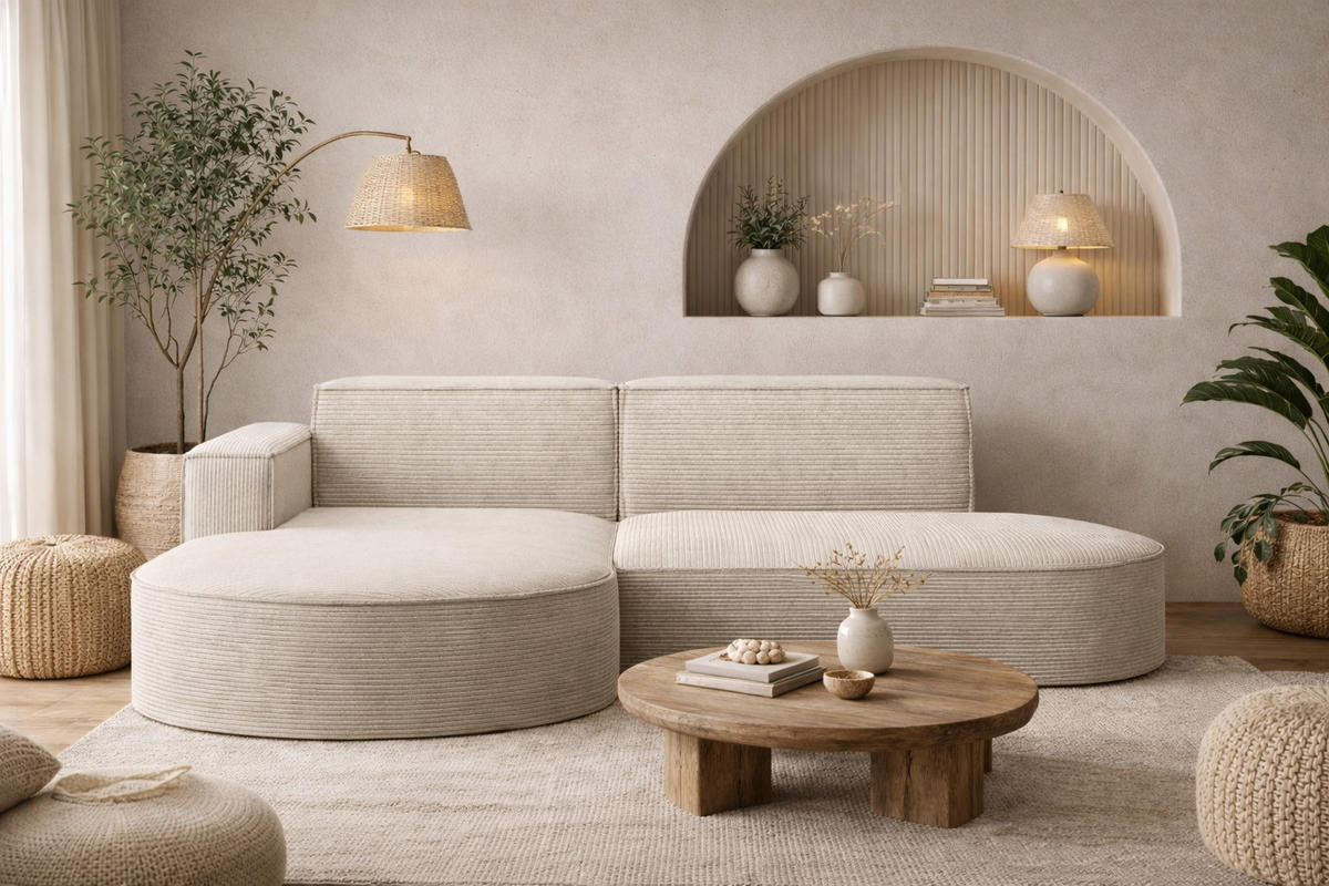 ECKSOFA Designer MODENA STUDIO, Cordstoff Poso, Ecru, Links - Ecru, Holzwerkstoff/Textil (165/236cm) - Kaiser Möbel