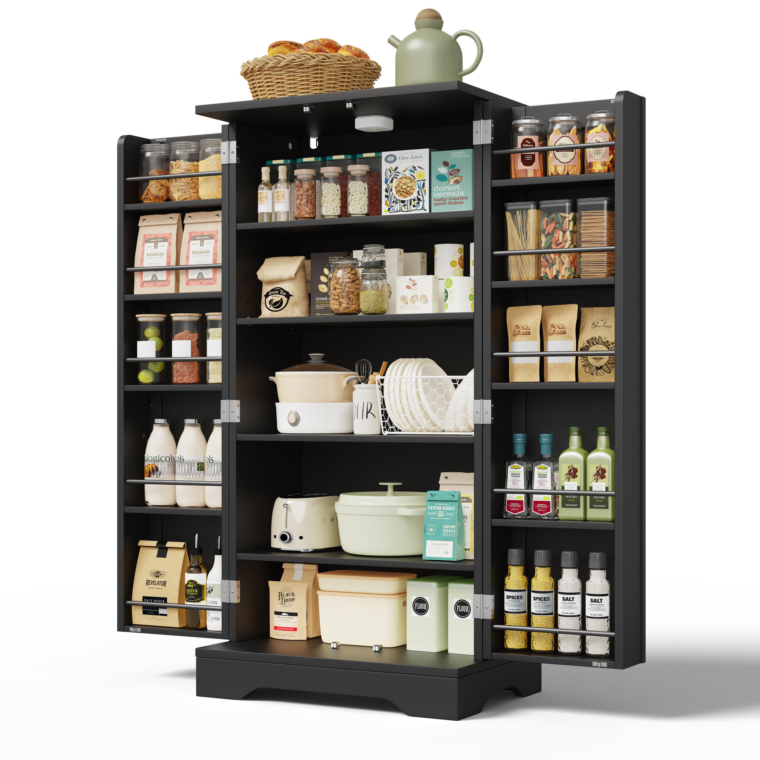 MODERNER Hochschrank aus MDF mit 3D-Wellentüren, LED-Sensorlicht und verstellbaren Regalböden, 120/60/40 cm, Schwarz - Schwarz, Holzwerkstoff (60/120/40cm) - Redom